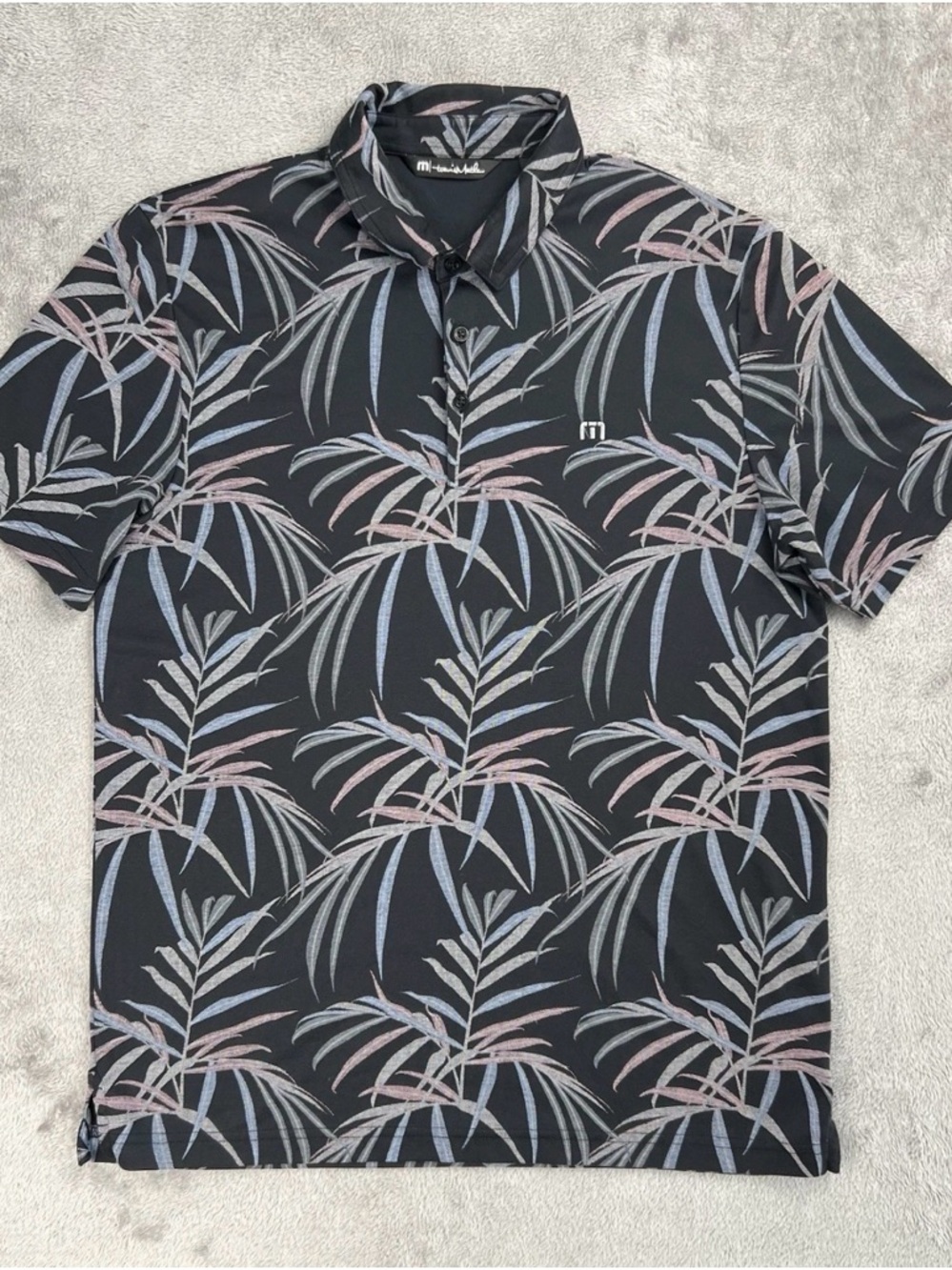 Travis Mathew Buzz Words Golf Polo Mens Large Palm Print Black Performance Shirt